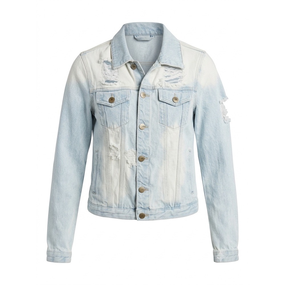 Mono‎ B Distressed Light Wash Denim Jacket Bleached Shredded KJ9439 Womens Small